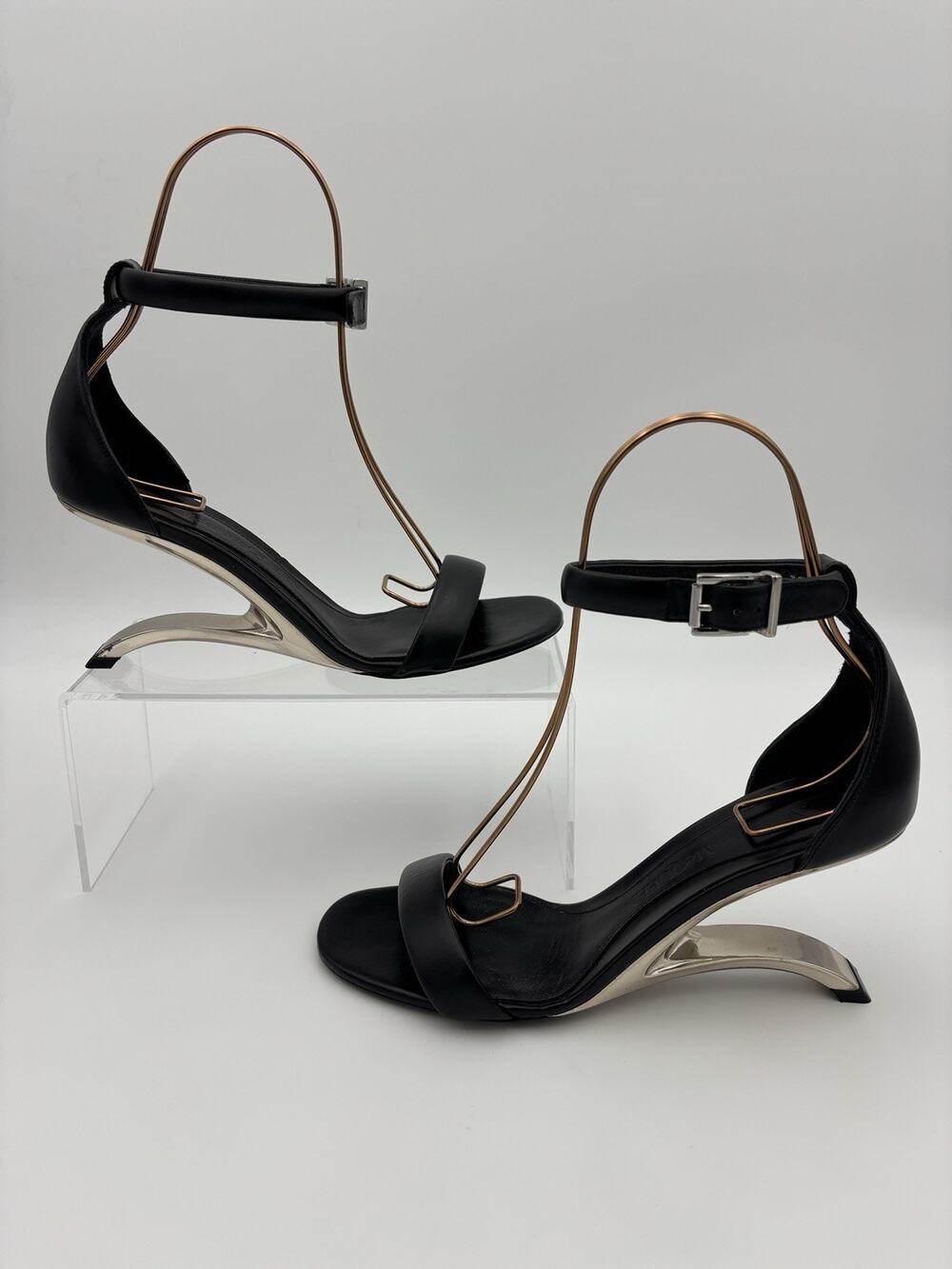 Alexander McQueen Arc Metal Heels Black Leather Size 39 Ankle Strap Adjustable